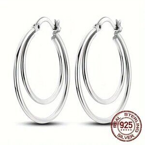 NEW Charming Double Circle 925 Sterling Silver Hoop Earrings